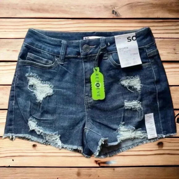 NWT SO Juniors Size 7 Blue Distressed Cutoff Denim Shortie Shorts 28” Waist - Picture 1 of 3